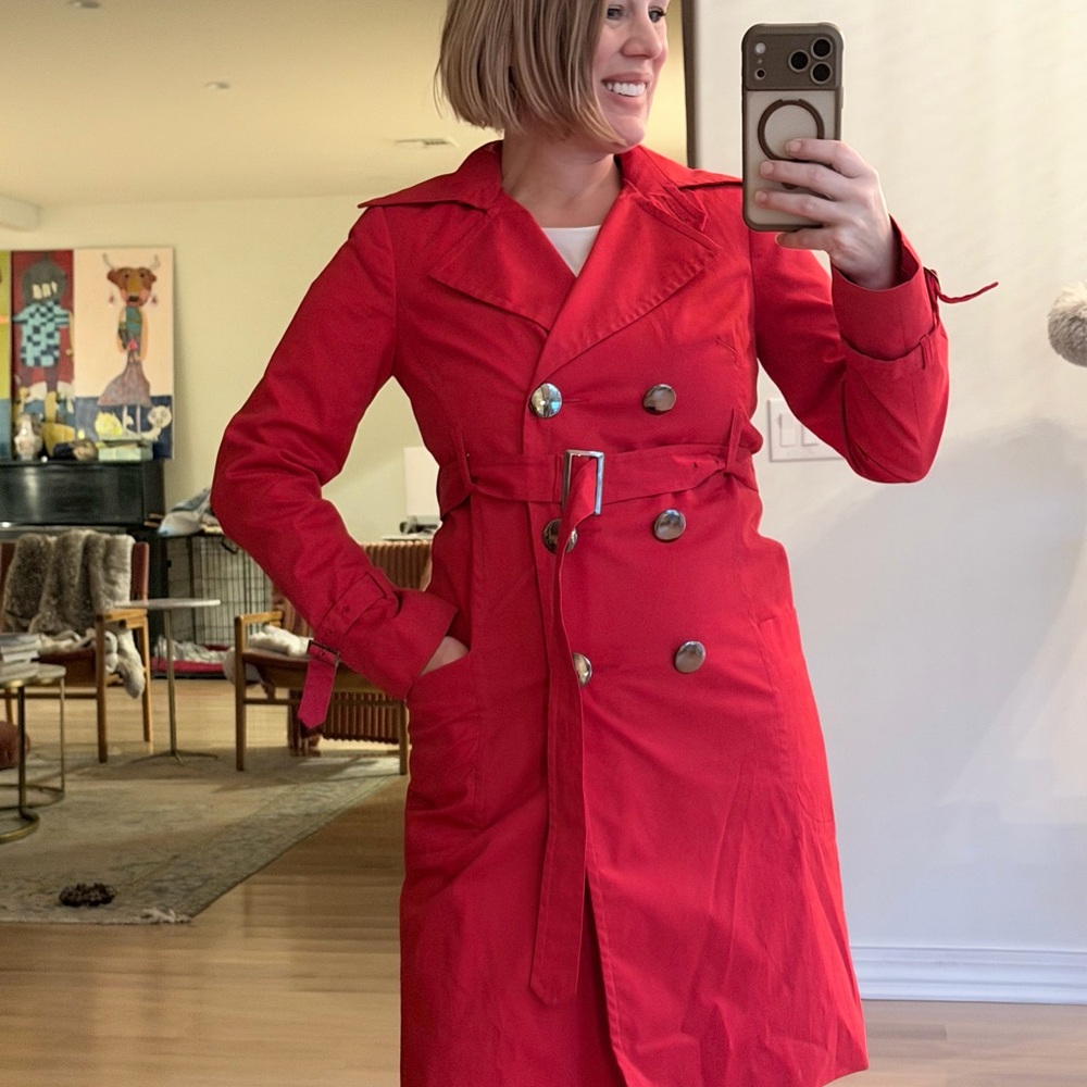 Trina Turk Size 2 / Small Cherry Red Trench Coat Belted Jacket Buttons Women
